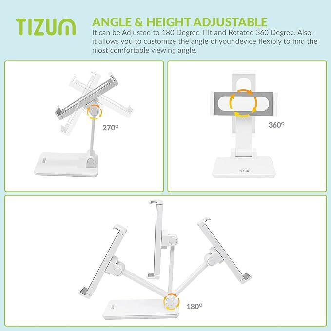 Tizum Multipurpose Tablet & Mobile Holder For All Smartphones, Tabs, Kindle, Ipad Mobile Holding Tabletop Stand, Foldable Design With 360a Angle & Height Adjustment, Anti-skid Silicone Pads