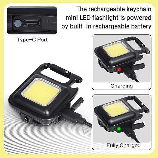 Mitsico Cob Keychain Light With 3 Modes - Pvc Material, Mini Size, Black Color | 500 Lumens Output, Wide Angle, Versatile Work And Emergency Light