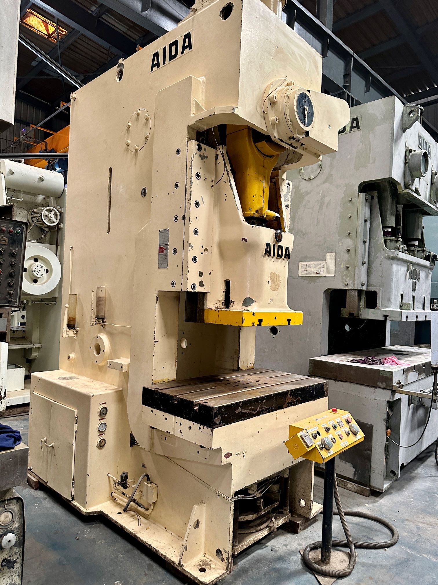 Aida C Frame Single Crank Press - 150 Ton Capacity, 1240x630mm Bed Size, White Steel Finish | 200mm Stroke, 45 Spm, 18kva Power Requirement, 1 Year Warranty