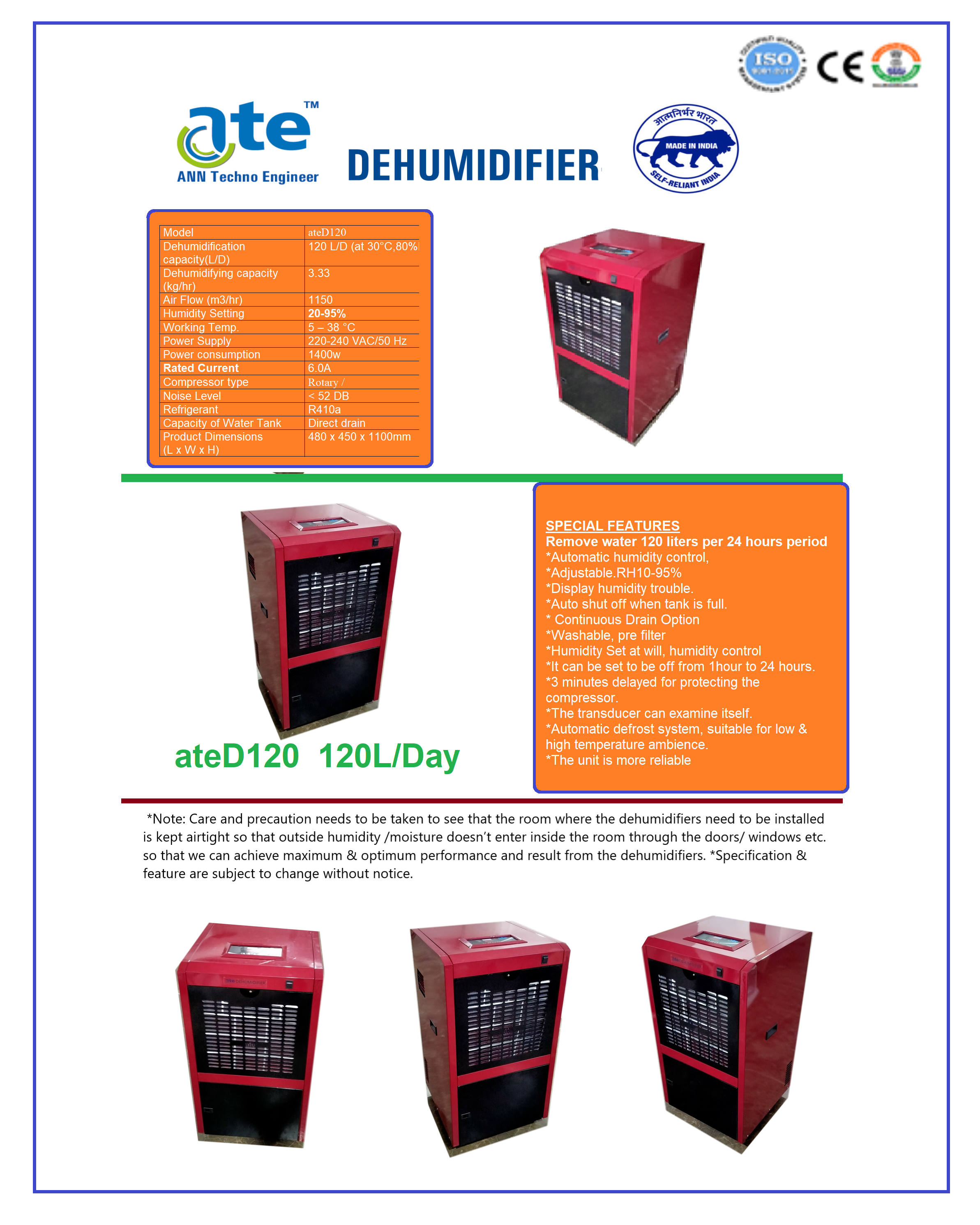 Portable Refrigerative Dehumidifier - 120 L/d Capacity 1400w Power Black And Magenta | Digital Control Auto Shut Off Adjustable Humidity Control