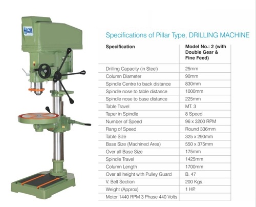 Pillar Drill Machine - 25 MM, Metal Construction, Green Color | Semi Automatic, Human Machine Interface, 1 Year Warranty, 200 kg Weight