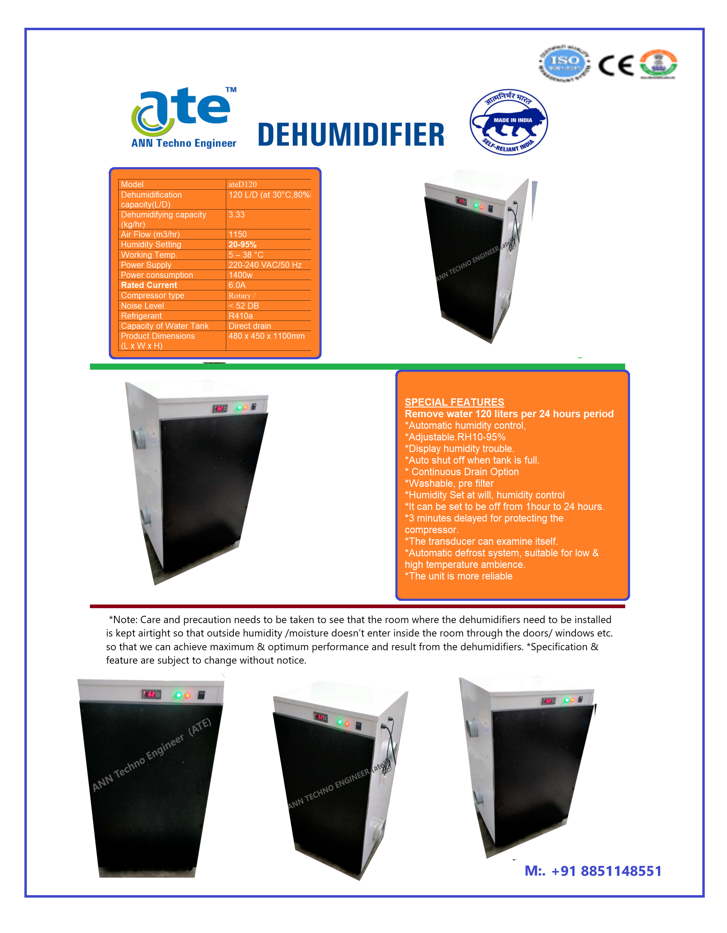 Desiccant Dehumidifier - Gi Powder Coated 500x300x850 Mm | 350 M3/hr Air Flow Digital Control Panel Auto Switch Off Coverage Area 500 Ftâ² Humidity Sensor