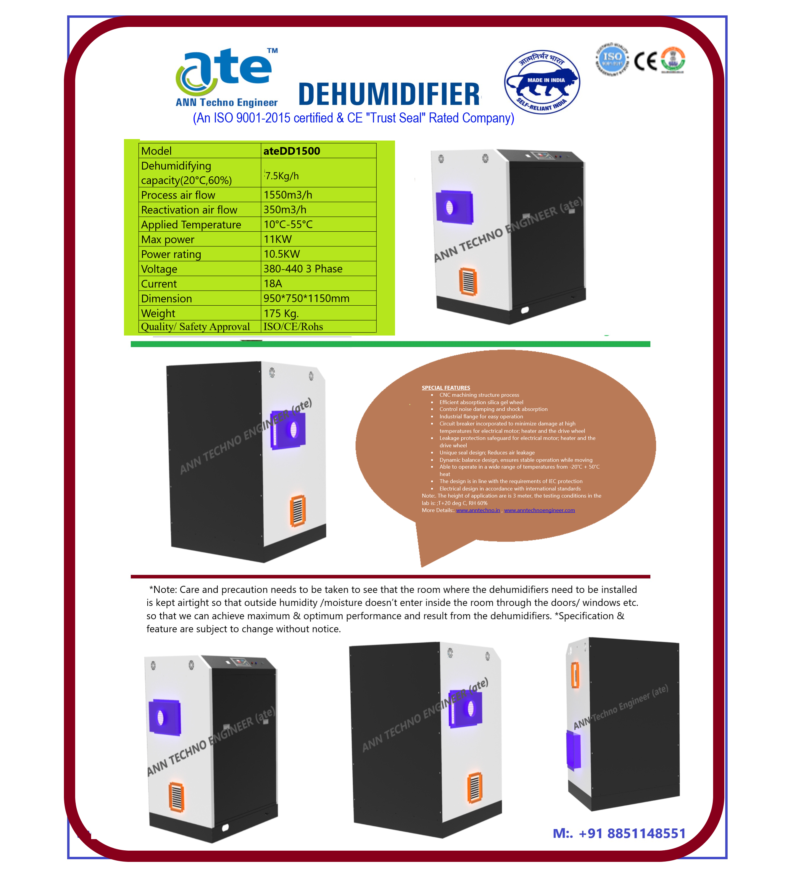 Stainless Steel Ate Dd1500 1500cmh Desiccant Dehumidifier