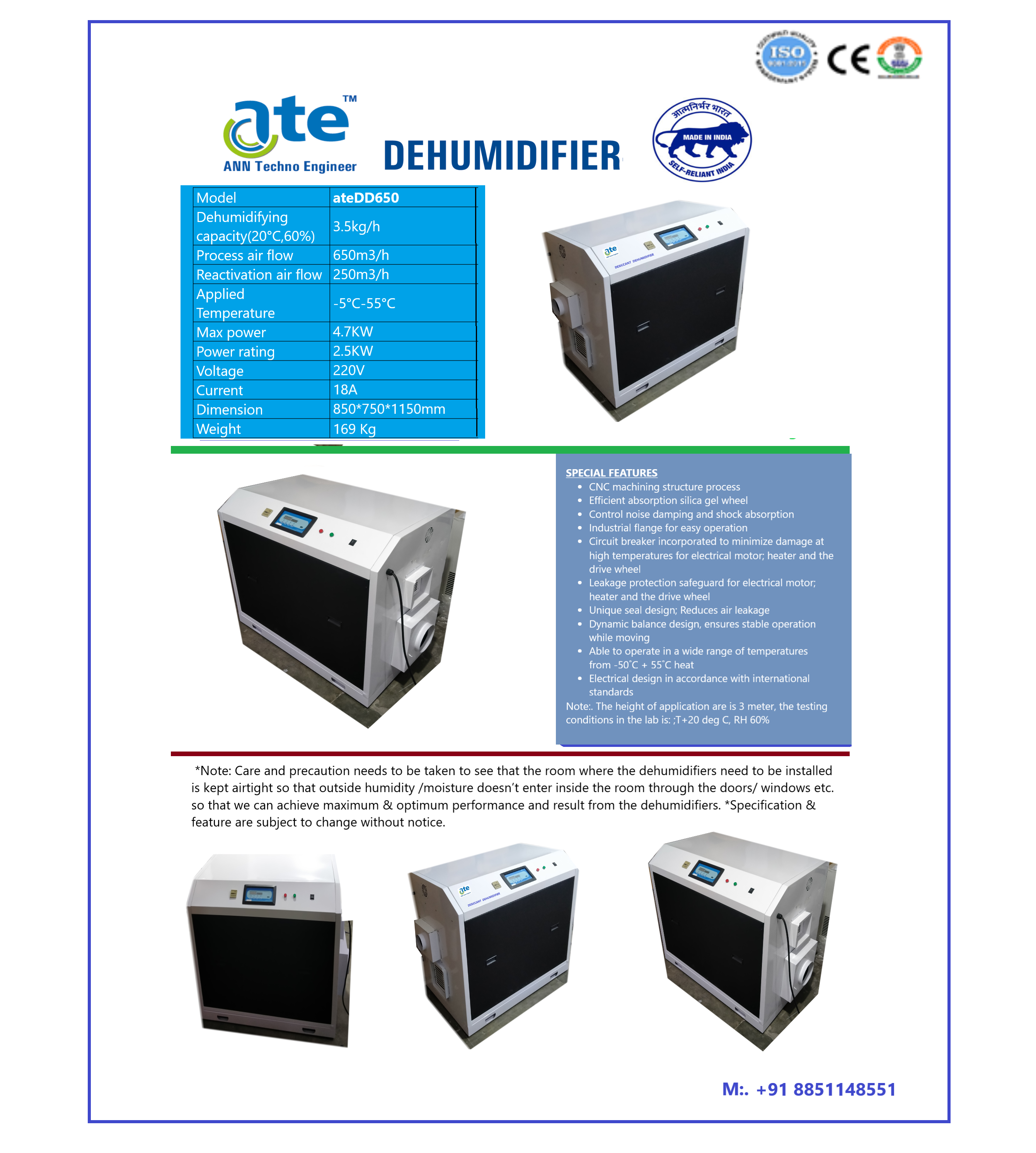 Stainless Steel Ate Dd650 650cmh Desiccant Dehumidifier