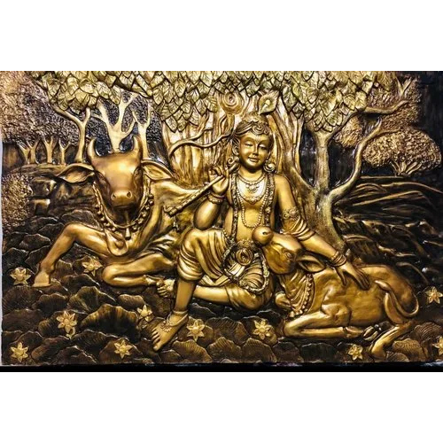 Multicolor Krishna Statue With Cow Wall Murals