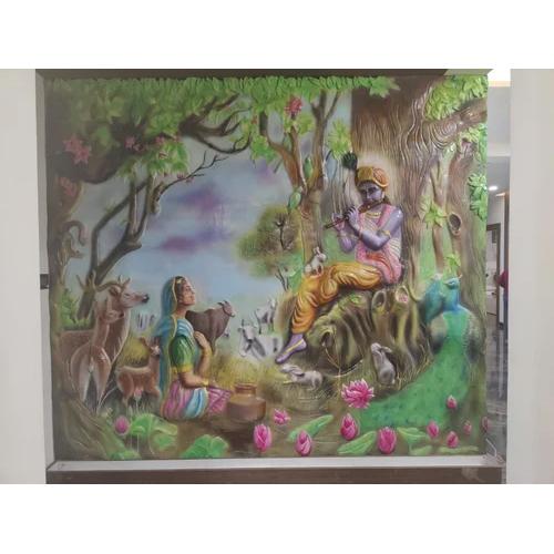 Radha Krishna Wall Murals - Frp Material, 9ft Length X 8ft Width | Multicolor Design, Durable Polished Finish, Indian Regional Style, Religious Theme