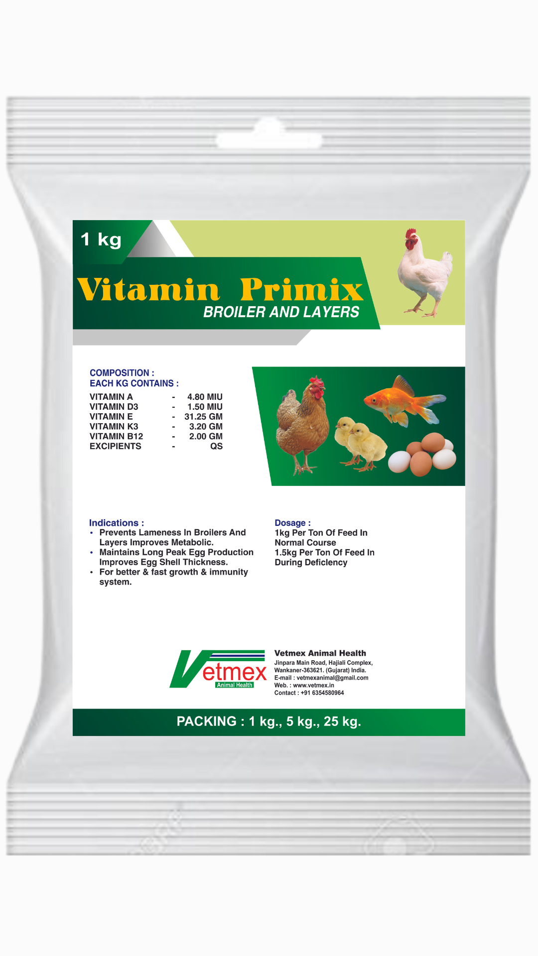 Poultry Vitamin Premix - A Blend Of Vitamin A 4.80 Miu, D3 1.50 Miu, E 31.25 Gm, K3 3.20 Gm, B12 2.00 Gm | Essential Nutrients For Optimal Poultry Nutrition