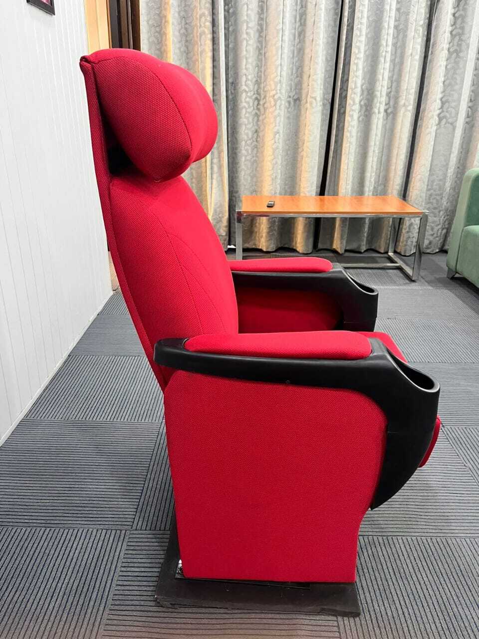 Multiplex Cinema Chair - Iron Frame, 39 Inch Height, 18 Inch Cushion Height, Triple Layer Ply Cushion | Prime Sliding Mechanism, Comfortable Headrest, Durable Cup Holder