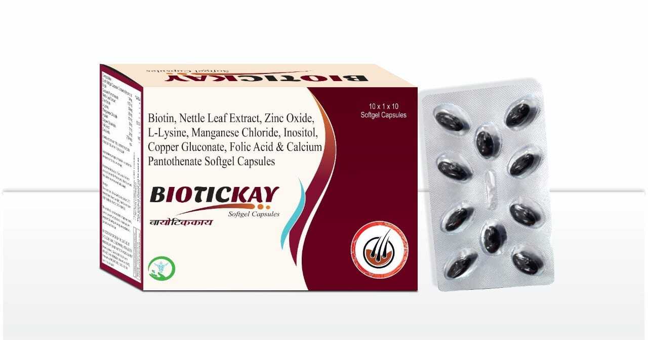 Biotickay Soft Gel Capsules Ingredients: Biotin 10 Mg + Calcium Pantothenate 100 Mg + Nettle Leaf Extract 50 Mg + Zinc Oxide 25 Mg + L - Lysine 10 Mg + Manganese Chloride 5 Mg + Inositol 5 Mg + Copper Gluconate 2 Mg + Folic Acid 750 Mcg