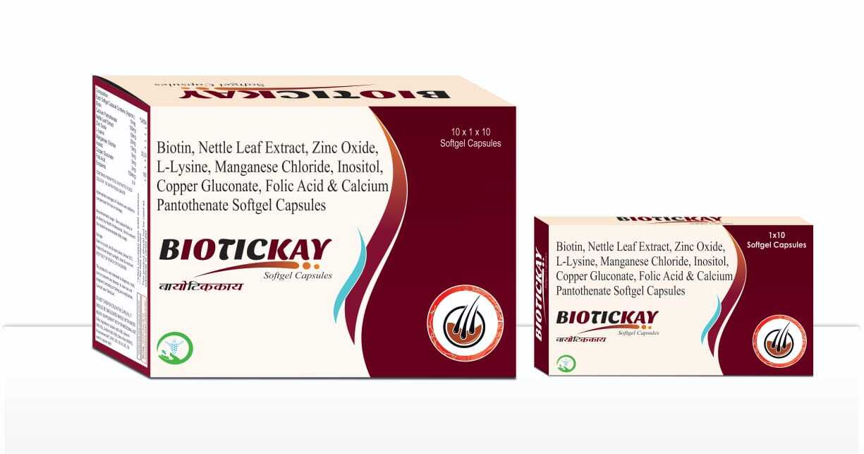 Biotickay Soft Gel Capsules Ingredients: Biotin 10 Mg + Calcium Pantothenate 100 Mg + Nettle Leaf Extract 50 Mg + Zinc Oxide 25 Mg + L - Lysine 10 Mg + Manganese Chloride 5 Mg + Inositol 5 Mg + Copper Gluconate 2 Mg + Folic Acid 750 Mcg