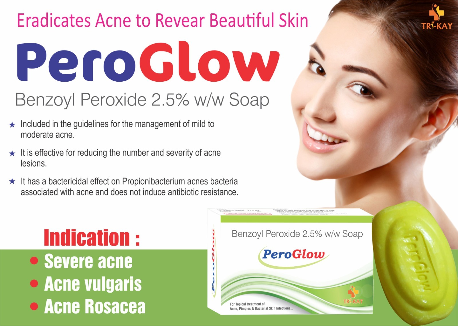 Benzoyl Peroxide Acne Treatment Soap - 75 Gm Medical Bar, Green Color, Fresh Perfume, Medicated Formula