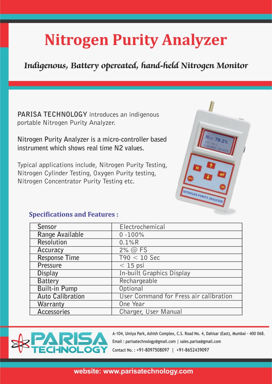 Nitrogen Percentage Indicator - 244x80x43 Mm, 0.83 Kg | Ergonomic Design, One-button Operation, Rechargeable Battery, Quick Test Under 2 Sec