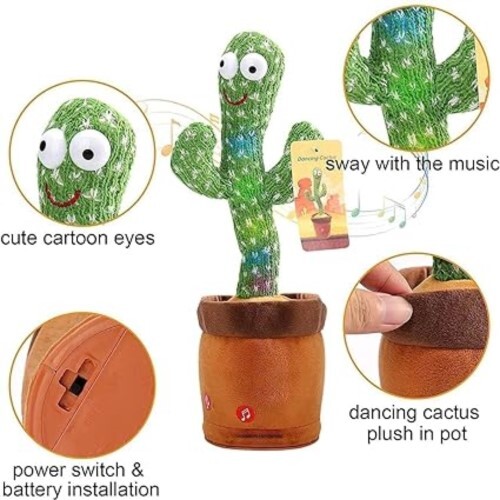 Mitsico Dancing Cactus Talking Plush Toy - Heavy Duty Knitted Fabric, Green Color, Single Cavity | Expressive Dancing, Singing & Soothing Features