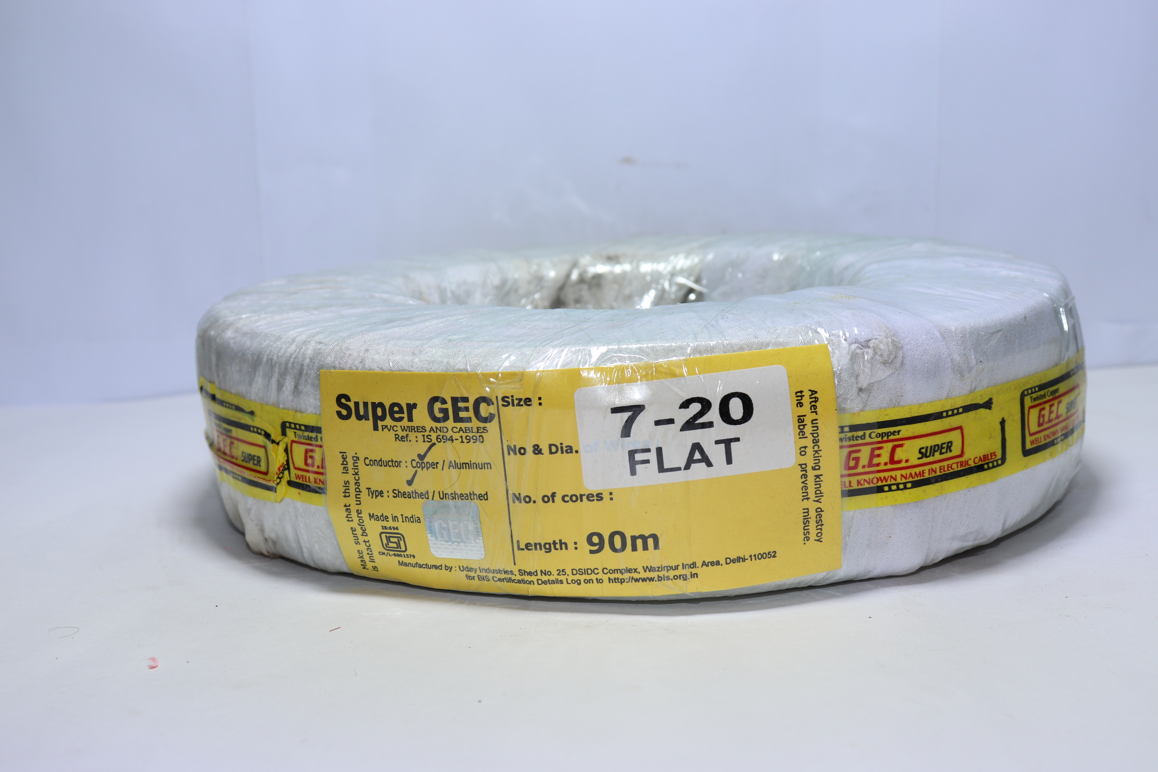 White 7-20 Flat Pure Copper Cable 90 Mtr