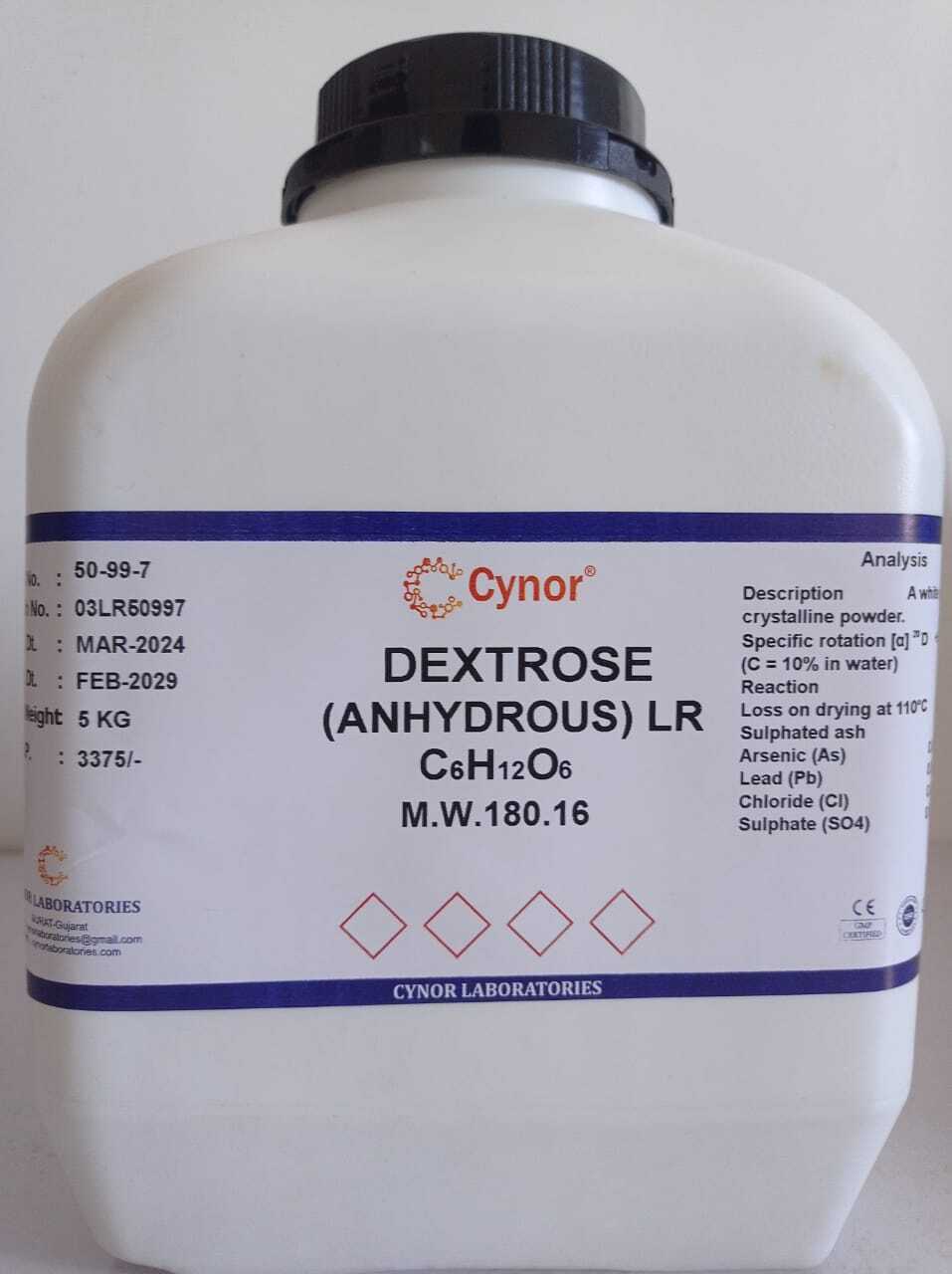 Dextrose Anhydrous Purified Lr (5 Kg) - Chemical Formula: C6h12o6, Molecular Weight: 180.16 G/mol | Food Grade, Fast Dissolving, High Purity, Easy Storage, Versatile
