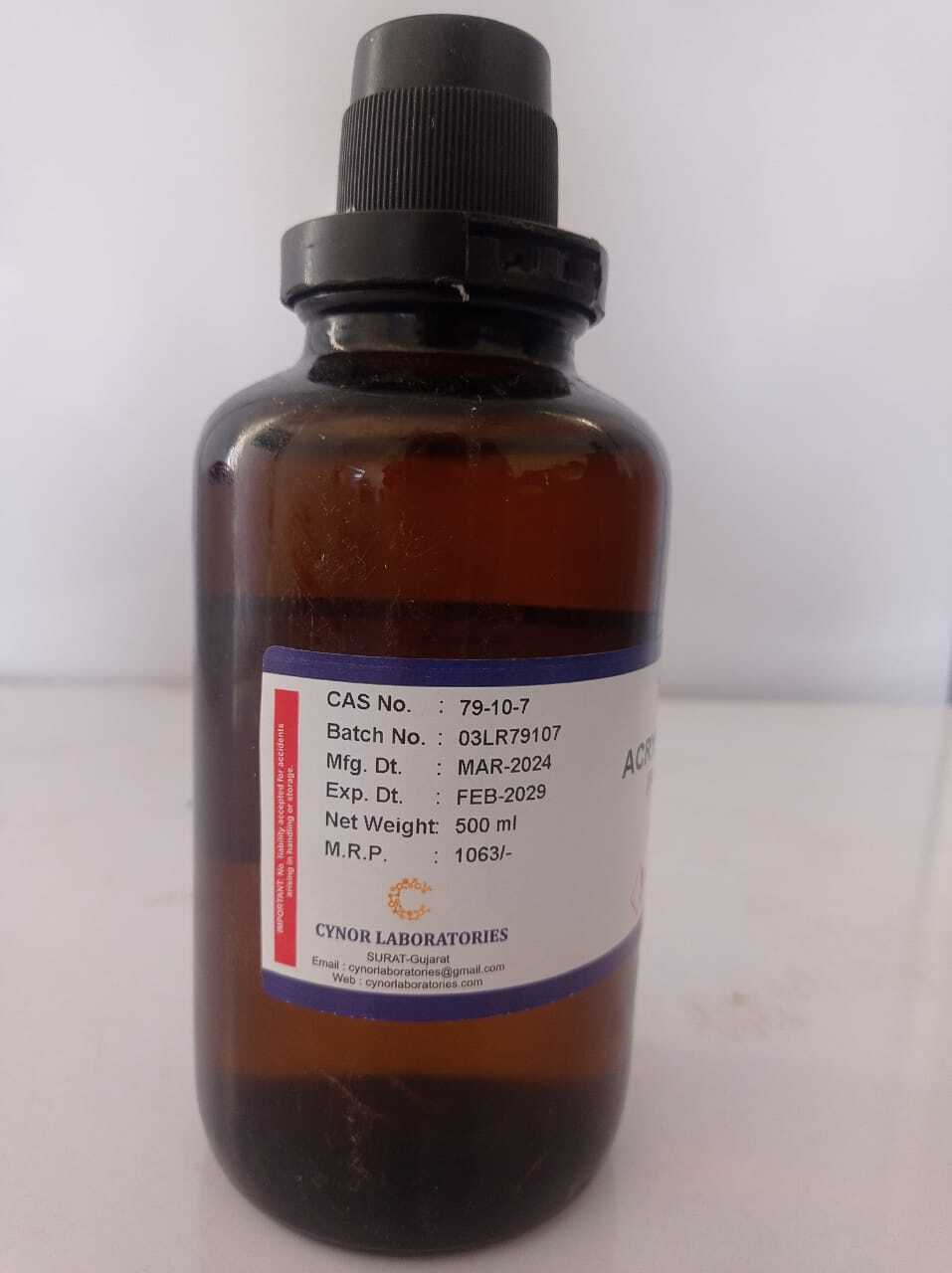 Acrylic Acid 99% (For Synthesis) - 500 Ml, High Purity, Versatile, Colorless Liquid With Acrid Odor, Miscible With Solvents