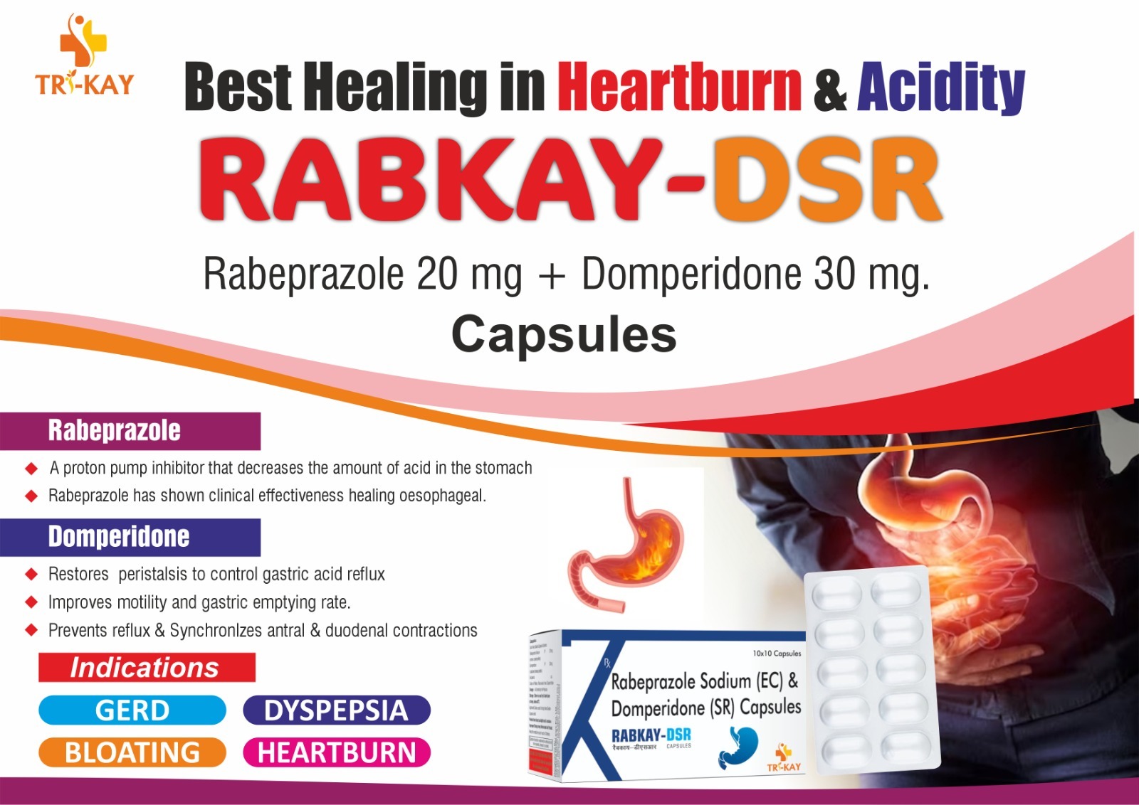 Rabeprazole Sodium + Domperidone Sustained Release Capsules - Enteric Coated, Treats Acidity, Gerd, Nausea, Bloating And Ulcers, 100 Capsules For Adults