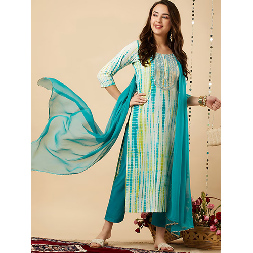 Different Available Dyed Thread Work Straight Kurta With Trousers And Dupatta