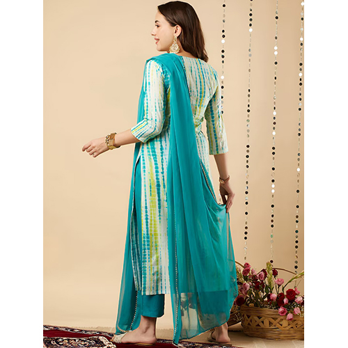 Different Available Dyed Thread Work Straight Kurta With Trousers And Dupatta