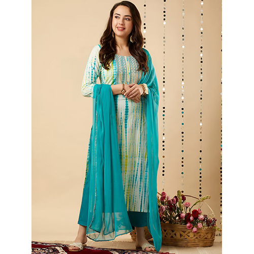 Different Available Dyed Thread Work Straight Kurta With Trousers And Dupatta