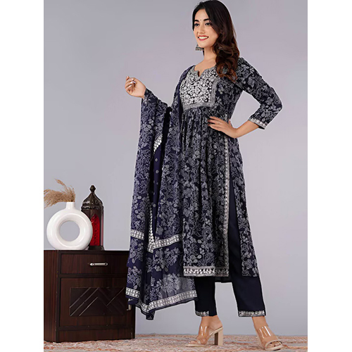 Floral Printed Round Neck Kurta Set - Cotton Material, Customized Size, Multi-color Options | Elegant Embroidered Design, All-season Comfort, Includes Trousers And Dupatta