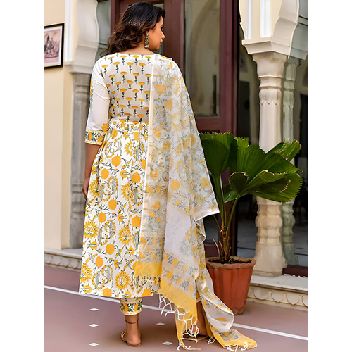 Different Available Floral Printed Round Neck Regular Thread Work Kurta With Trousers And Dupatta