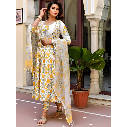 Different Available Floral Printed Round Neck Regular Thread Work Kurta With Trousers And Dupatta