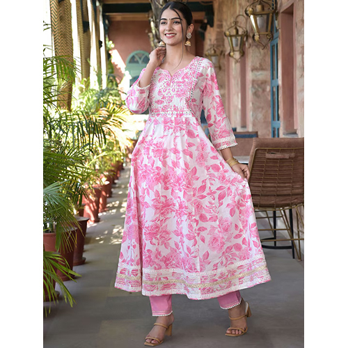 Different Available Floral Printed Regular Mirror Work Anarkali Kurta With Trousers And Dupatta