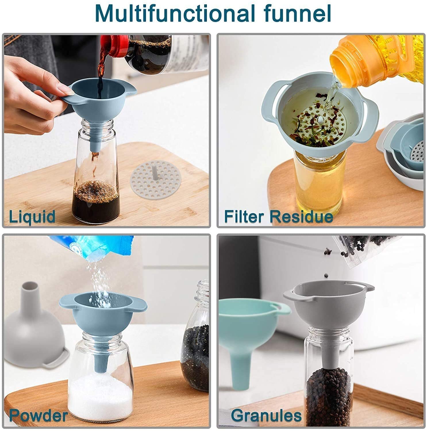 Imaani 5 In 1 Kitchen Funnel / Strainer /Filter For Easy , Capacity(inch): 20 Inch - Color: Grey & Blue