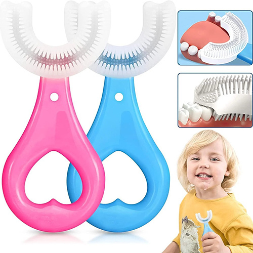 U Shaped Toothbrush for Kids Food Grade Soft Silicone Brush Head - Plastic Material, 1-5 Years Age Range, Pink & Blue Colors | U Shaped Design for Effective Brushing