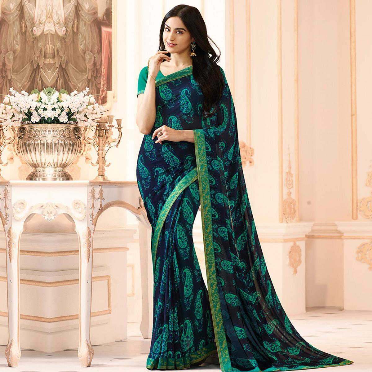 Georgette Stylist Saree - Georgette Fabric, 5.5 Mtr Length, Blouse In Banglori Silk 0.80 Mtr Length | Features: Anti-wrinkle, Washable, Printed Design, All Season