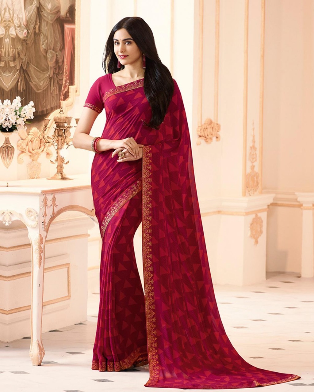 Georgette Stylist Saree - Georgette Fabric, 5.5 Mtr Length, Blouse In Banglori Silk 0.80 Mtr Length | Features: Anti-wrinkle, Washable, Printed Design, All Season