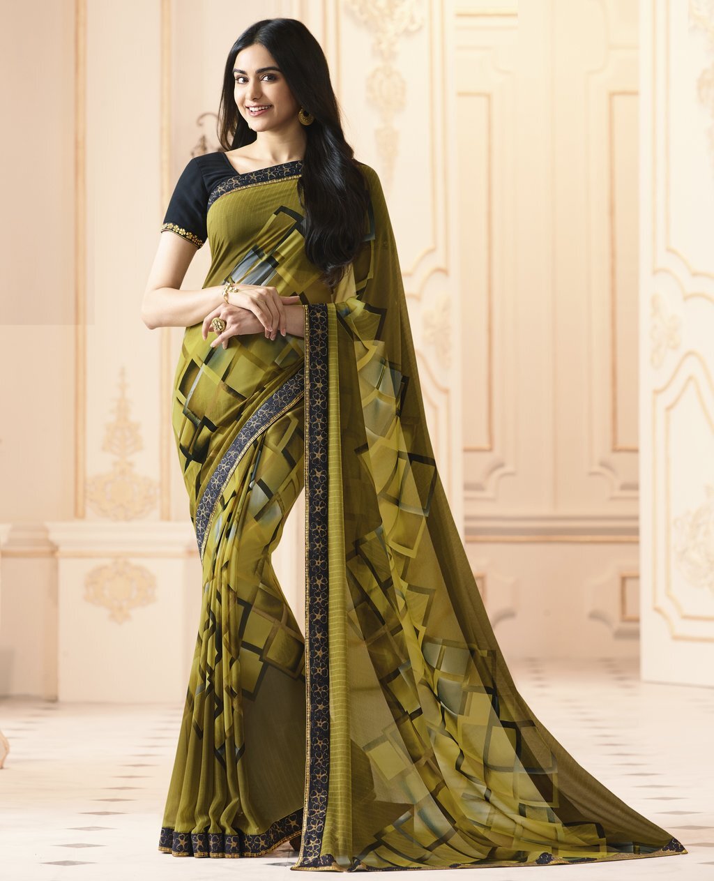 Georgette Stylist Saree - Georgette Fabric, 5.5 Mtr Length, Blouse In Banglori Silk 0.80 Mtr Length | Features: Anti-wrinkle, Washable, Printed Design, All Season