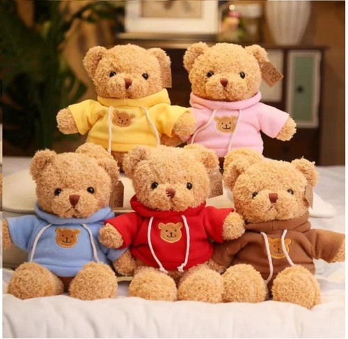 Sweet Teddy Bear - Fur Fabric, 38 cm, Available in Various Hoodie Colors Like Yellow, Pink, Red, Brown, Customizable Design, Minimum Order 200 pcs