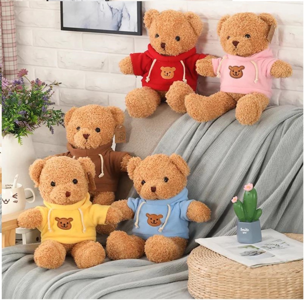 Sweet Teddy Bear - Fur Fabric, 38 Cm, Available In Various Hoodie Colors Like Yellow, Pink, Red, Brown, Customizable Design, Minimum Order 200 Pcs