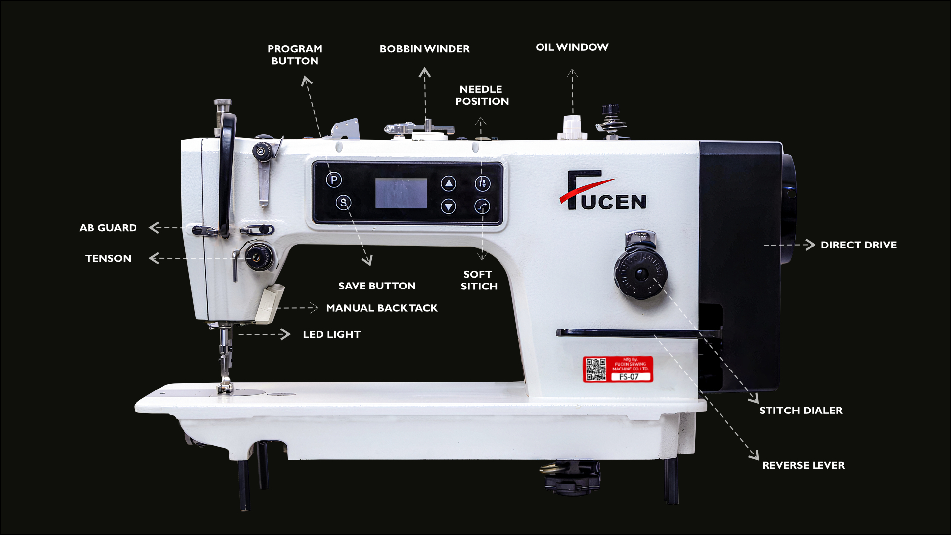 White Fs-07: High Speed Direct Drive, Needle Positioning, Soft Start Single Needle Lockstitch Sewing Machine With Front Led Control Panel.