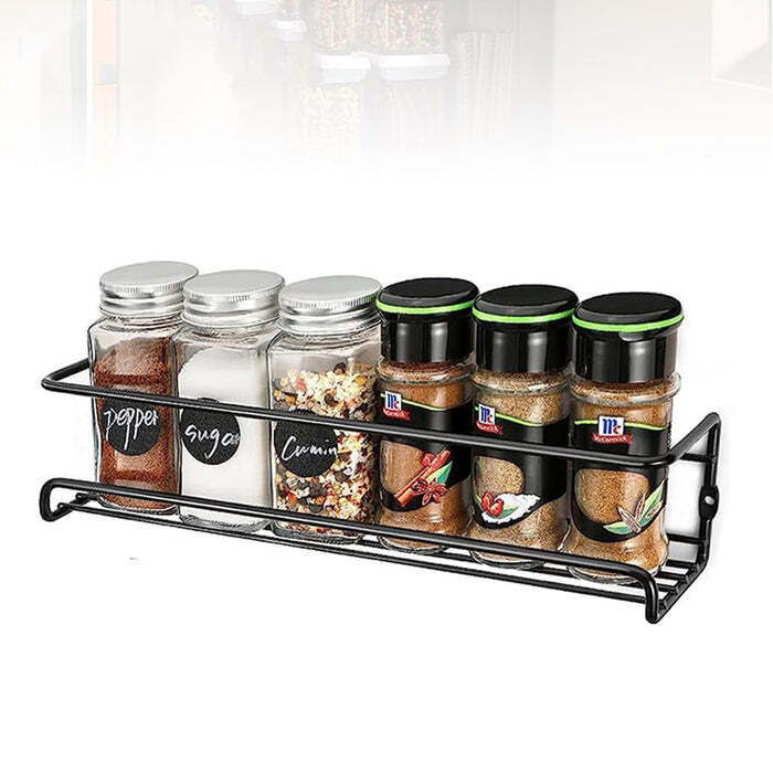 Spice Bottle Storage Rack Hanging Spice Rack - Steel, 29x7x6 Cm | Black Color, Space-saving Design, Wall-mountable, Easy To Clean
