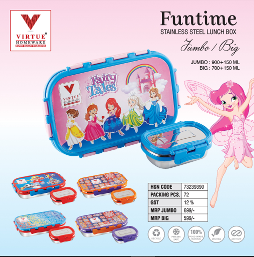 Funtime Virtue Homeware - Jumbo Stainless Steel Lunch Box 24x18x10cm | Airtight, Leak-proof, Food-grade Silicone Seal, Easy To Clean