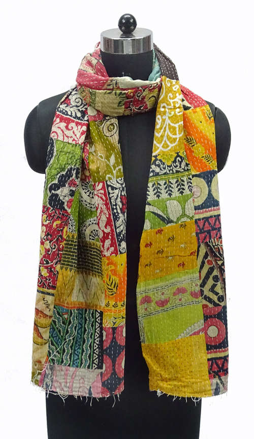 Vintage Patchwork Cotton Kantha Scarfs - 18x72 & 30x80 Inch | Multicolor, Ethnic Dress Type, Handmade, Medium Length, Lightweight At 2.250 Grams
