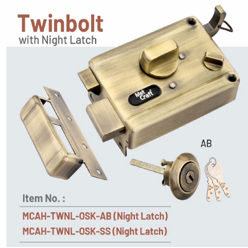 Metcraft Steel Ultra Twin Bolt One Side Dimple Key Night Latch Main Door Lock (Satin Silver) - Color: Antique