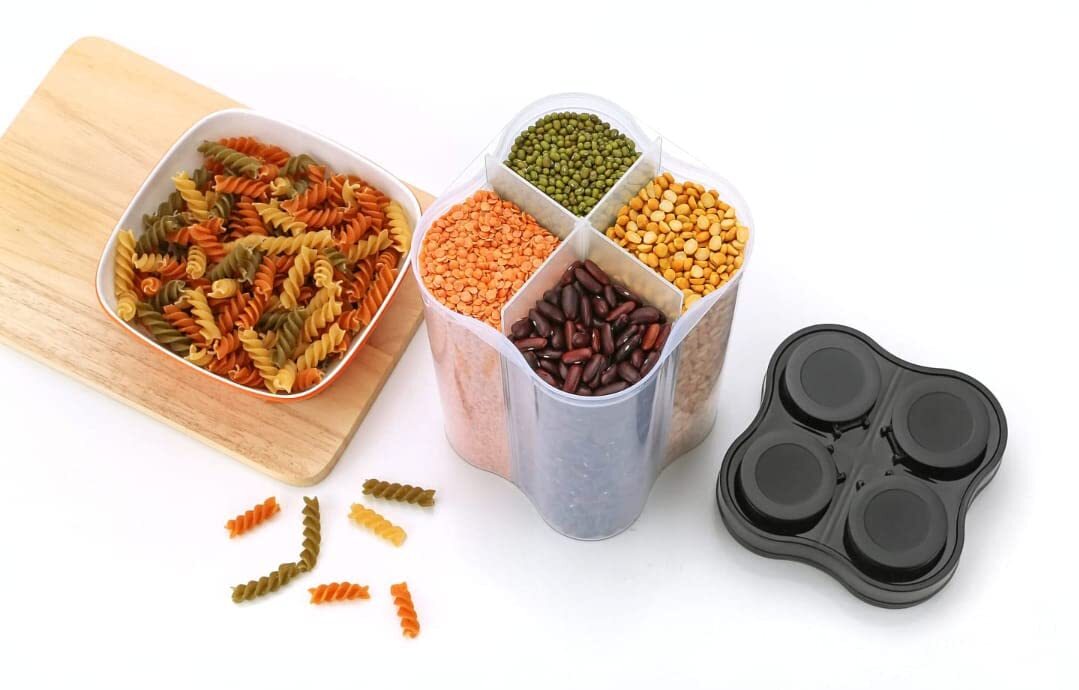 Airtight Transparent Plastic 4 Section Food Storage Container Jar - 2500ml | Nontoxic Material, Versatile Design, Easy Visibility