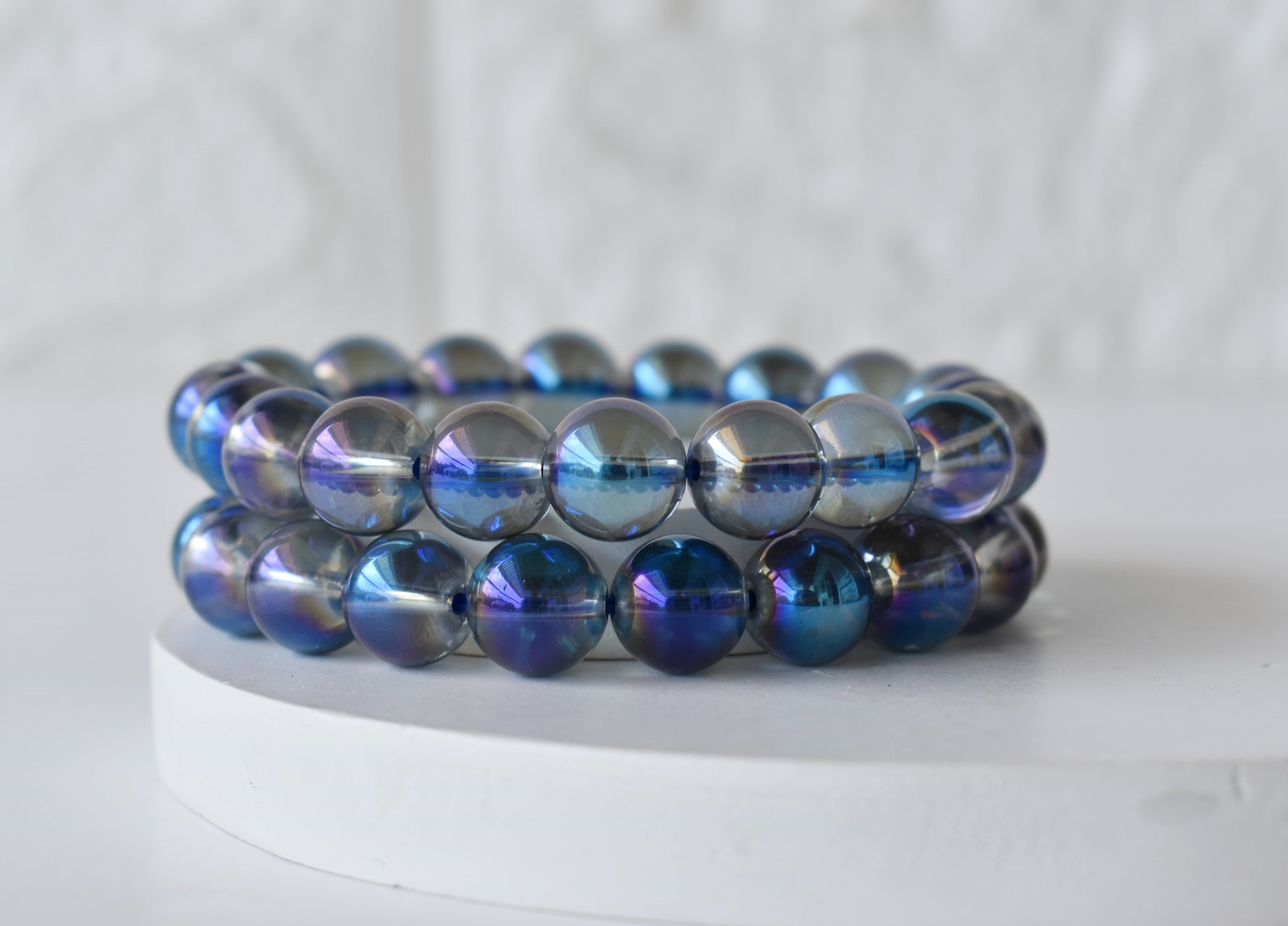 Aura Quartz Titanium Bracelet Crystal Beaded Bracelet - Natural Gemstones, 4mm-10mm Beads, 7-7.5 Inches Length, Round Shape, 30g Weight