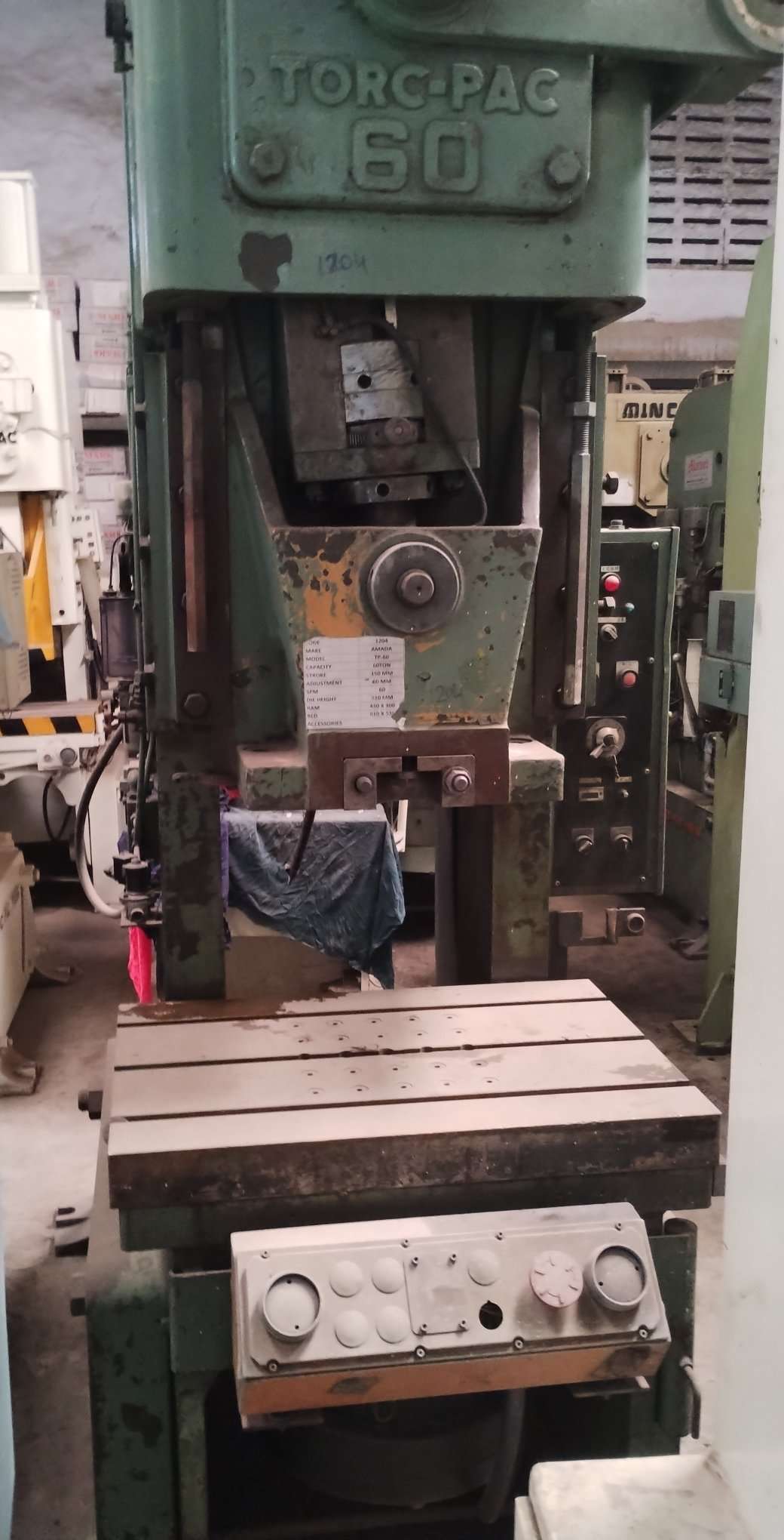 1204 Amada C Frame Single Crank Press - Capacity: 60 Tons, Stroke: 150mm, Bed Size: 810x530mm, Ram Size: 430x300mm, Die Height: 310mm, Adjustment: 60mm, Spm: 60