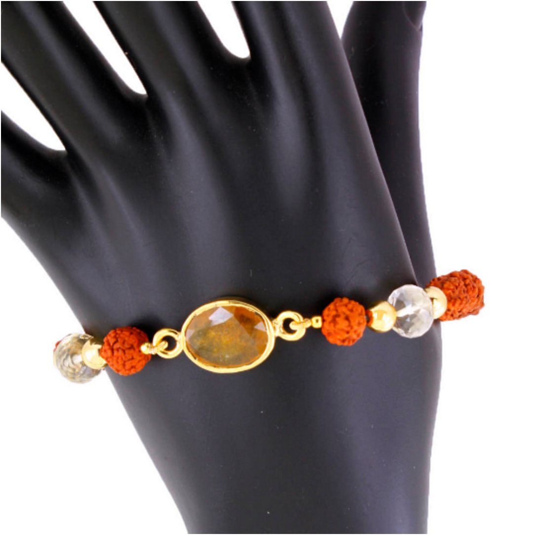 Rudraksha With Pukhraj Stone Bracelet - Shape: Round/oval