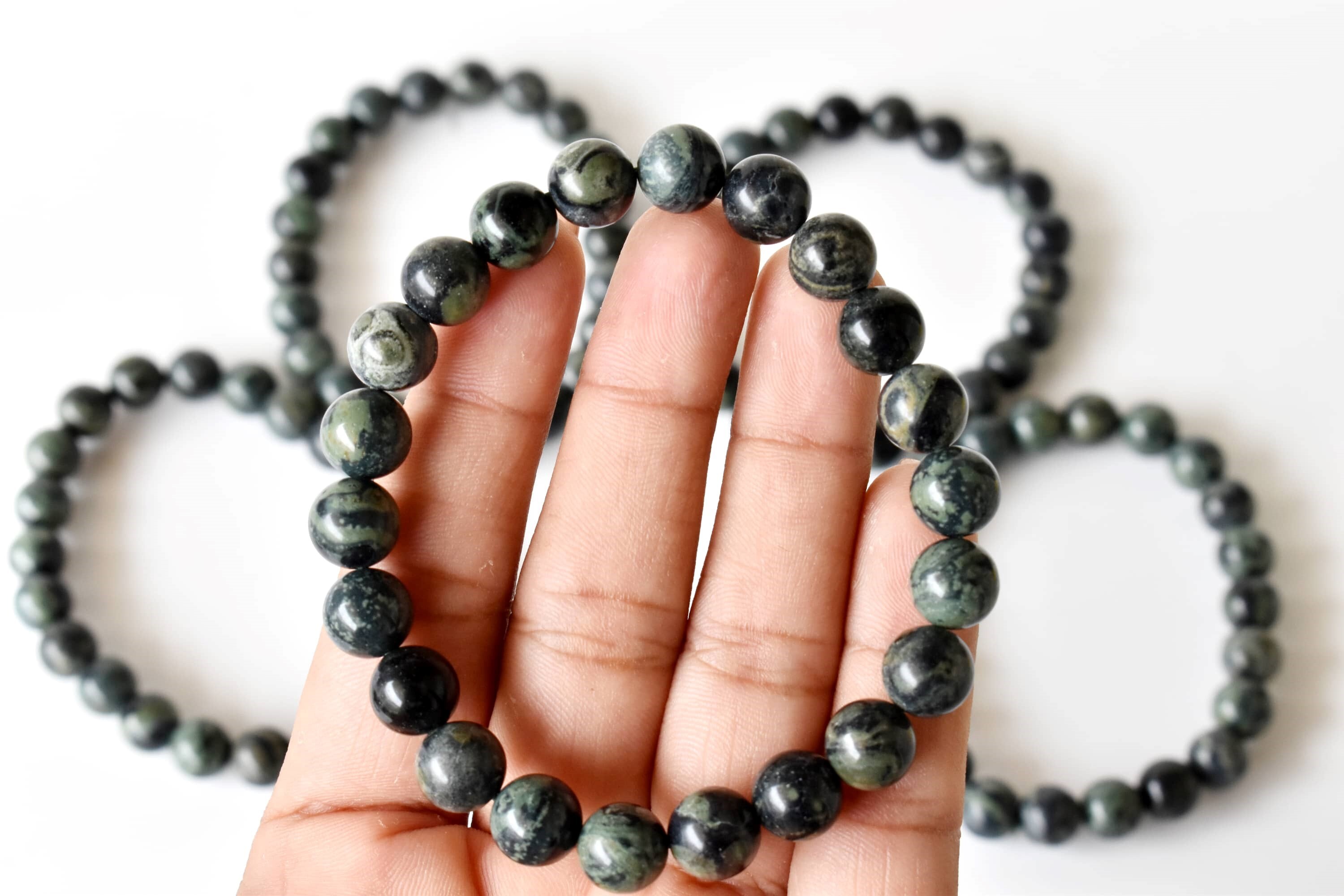 Kambaba Jasper Bracelet - Natural Gemstones, 4mm-10mm Beads, 7-7.5 Inches Length, 8mm Round Shape, 30 Grams Weight
