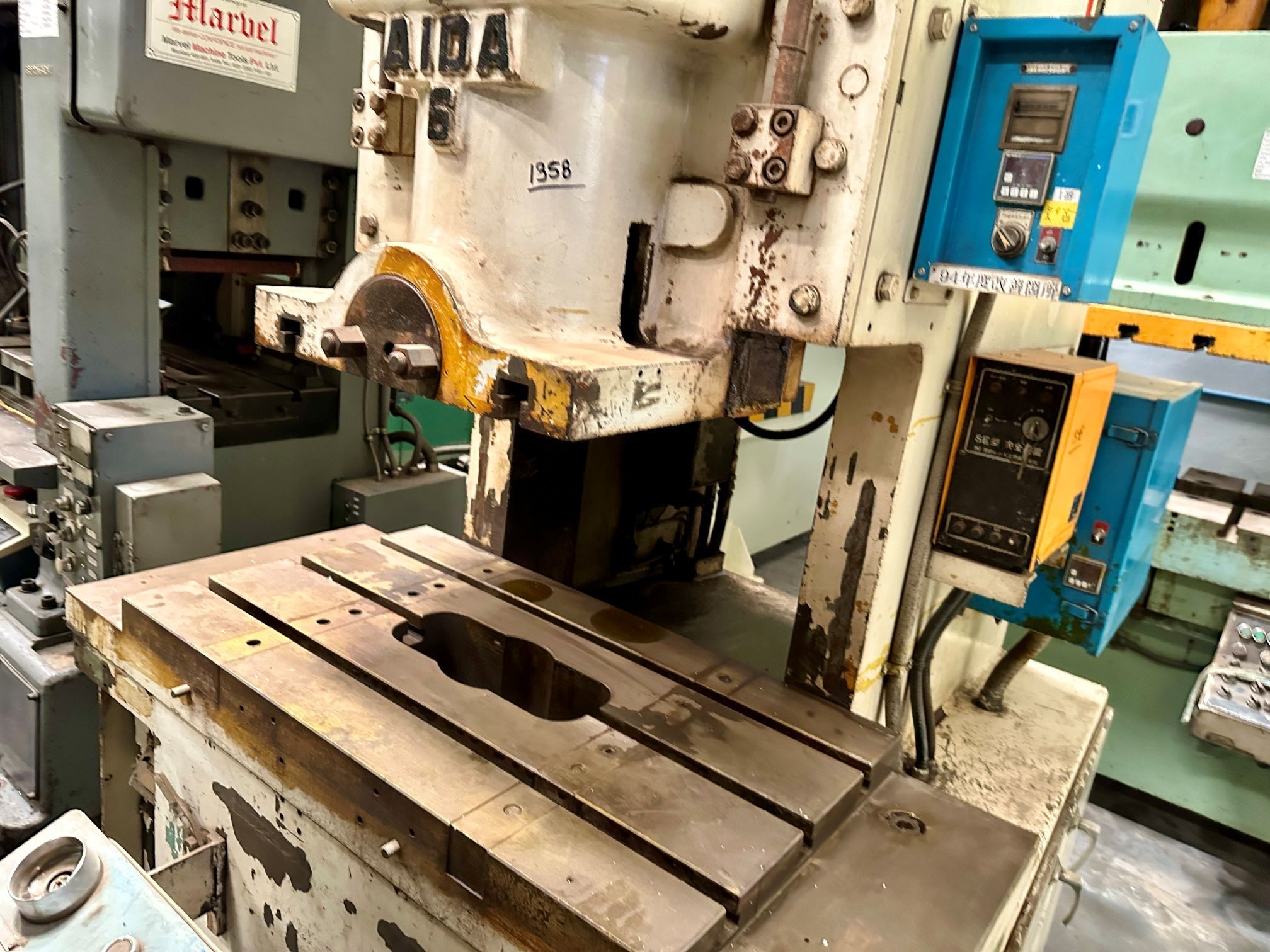 1358 Aida C Frame Single Crank Press - 60 Tons Capacity, Stroke: 140mm, Bed Size: 890x520mm, Ram Size: 480x400mm, Die Height: 300mm, Adjustment: 70mm, Spm: 45