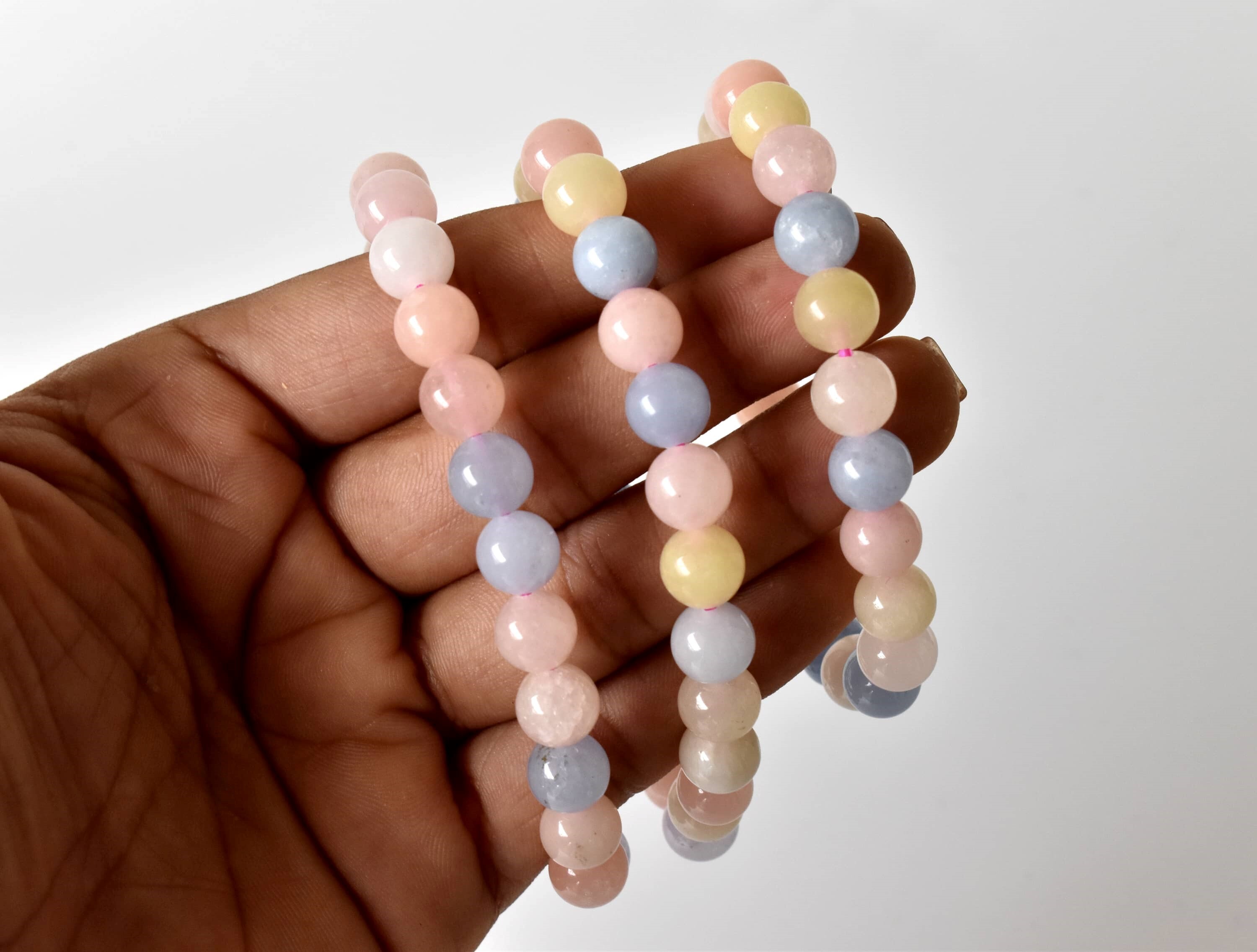 Morganite Bracelet Crystal Beaded Bracelet - Natural Gemstones 4mm-10mm Bead Sizes 7-7.5 Inches Length 8mm Round Shape 30 Grams Weight