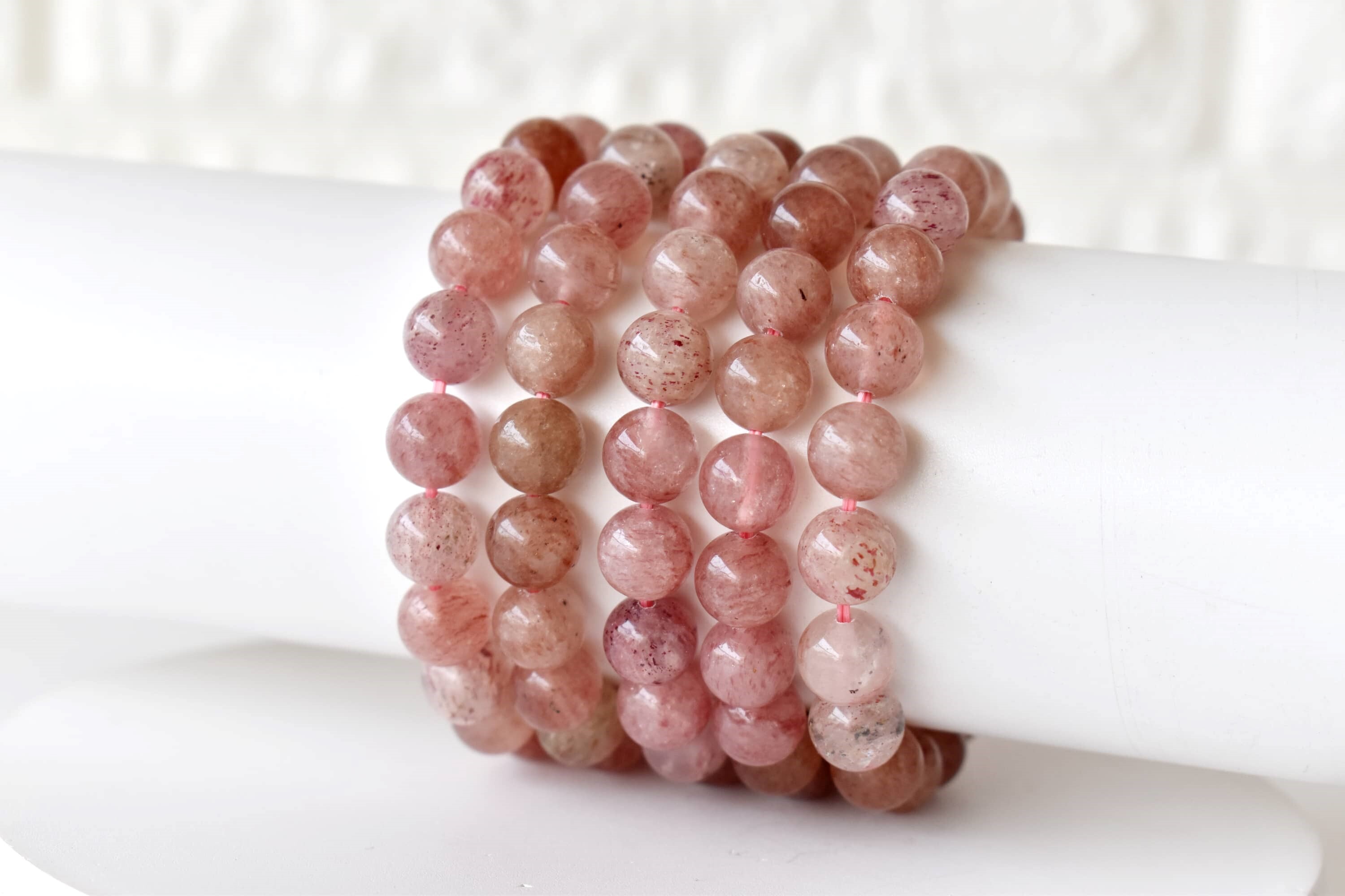 Strawberry Quartz Bracelet Crystal Beaded Bracelet - Natural Gemstones Bead Sizes 4-10mm Length 7-7.5 Inches Round Shape 30g Weight