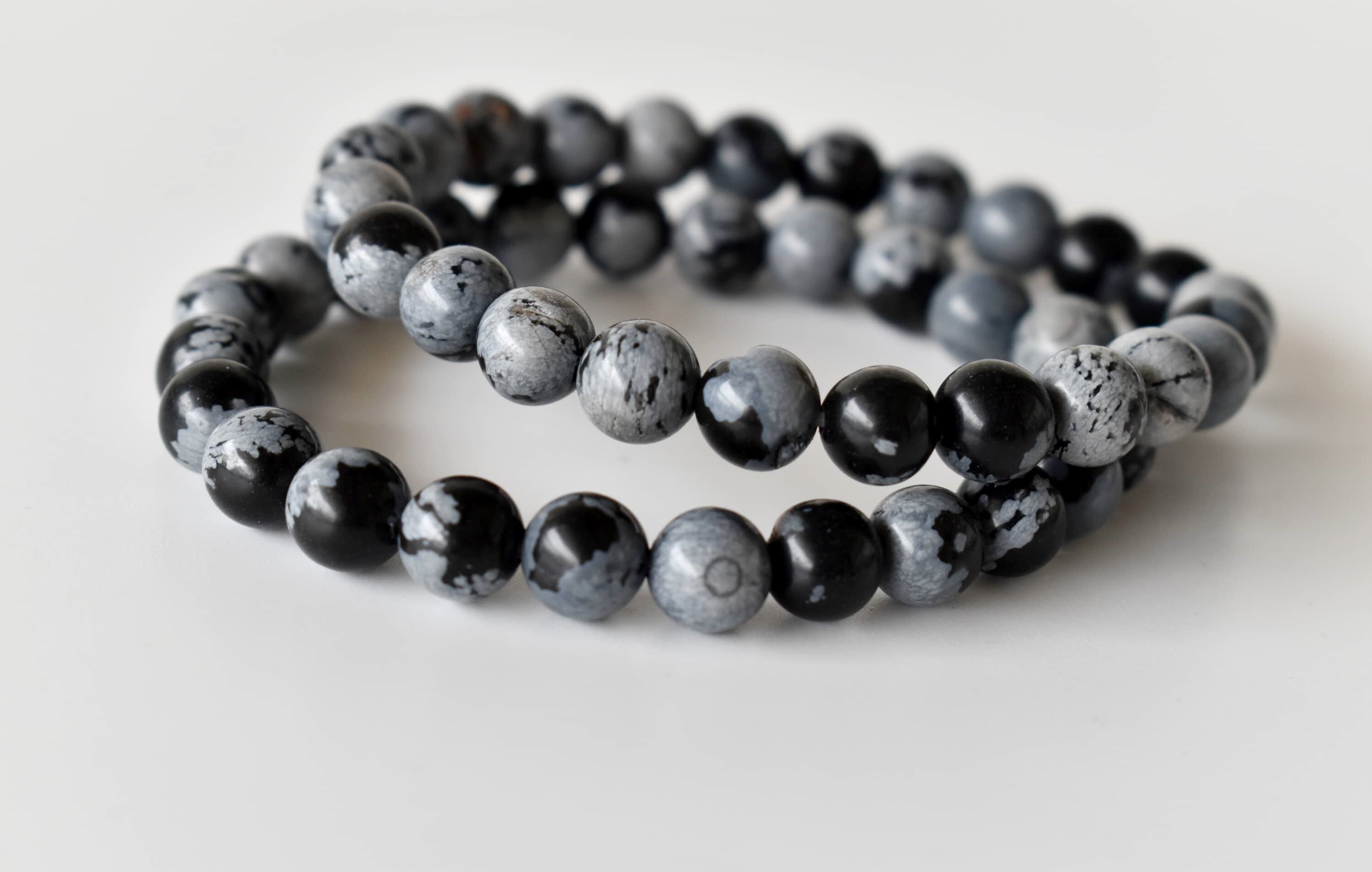 Snowflake Black Obsidian Bracelet Crystal Beaded Bracelet - Natural Gemstones, 7-7.5 Inches, 4mm To 10mm Round Beads, 30 Grams