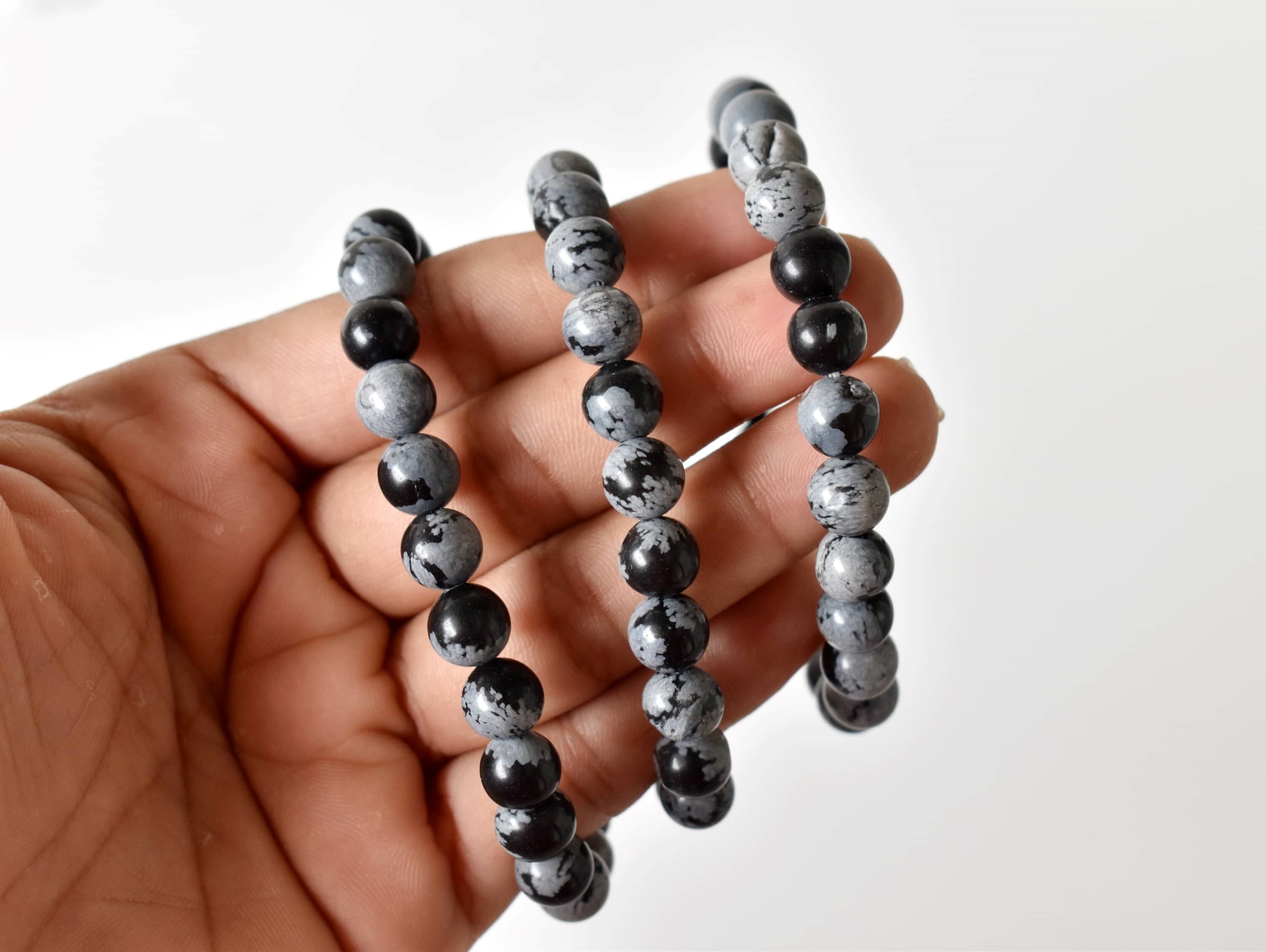 Snowflake Black Obsidian Bracelet Crystal Beaded Bracelet - Natural Gemstones, 7-7.5 Inches, 4mm To 10mm Round Beads, 30 Grams
